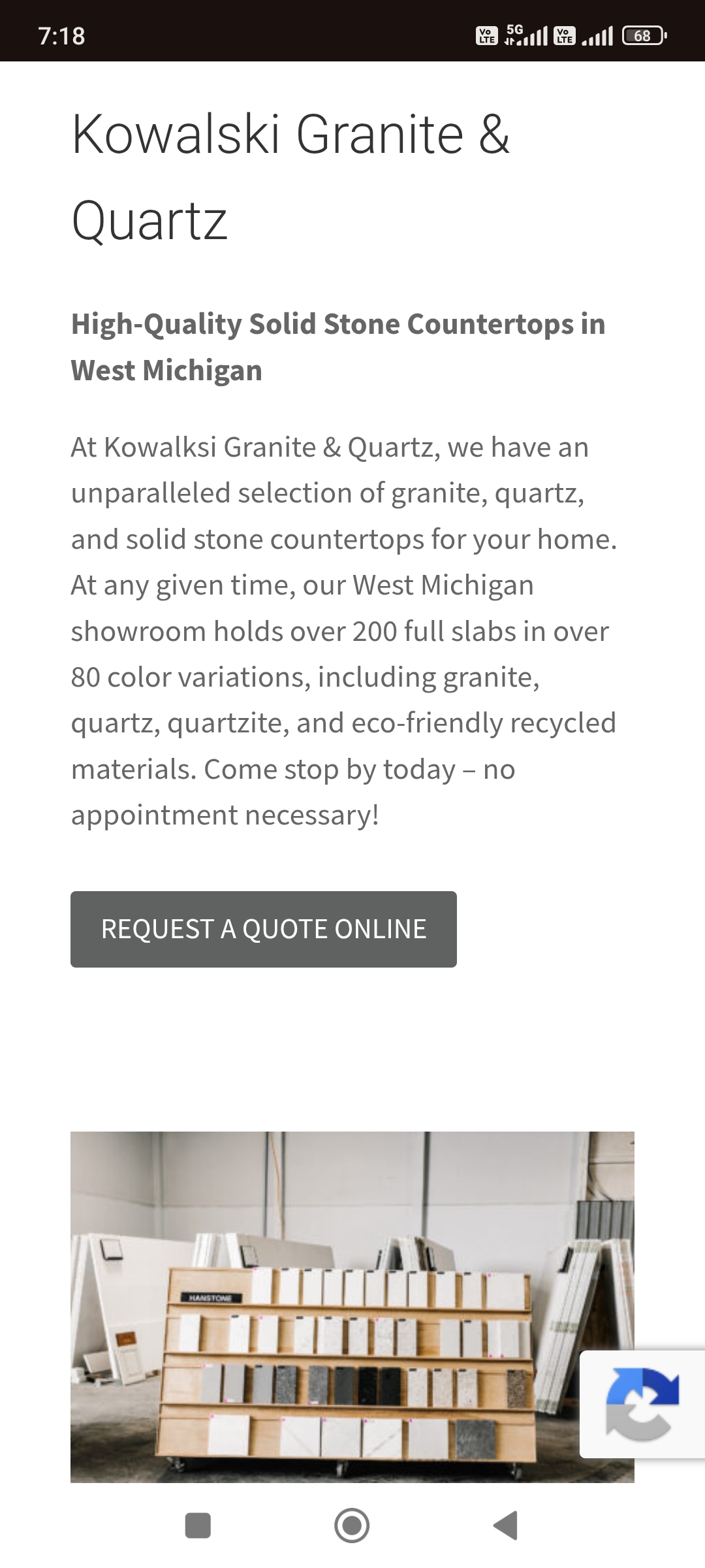 Mobile screenshot of the Kowalski Granite & Quartz homepage with a Request a Quote Online button.
