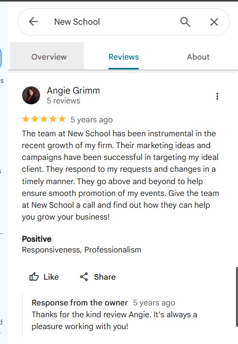 Google Review screenshot - New School client review